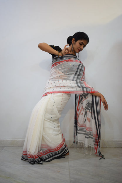 Keeraha - White & Red Cotton Jamdani Saree