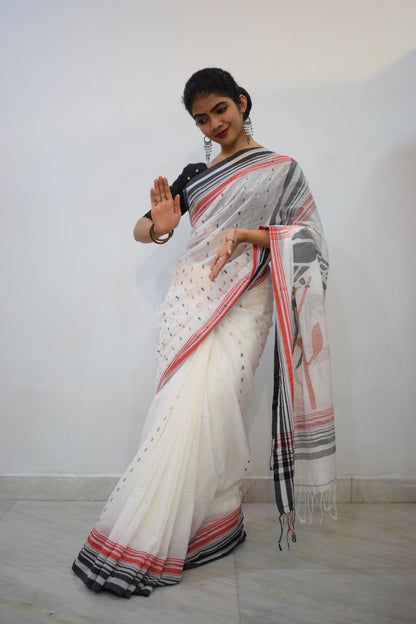 Keeraha - White & Red Cotton Jamdani Saree