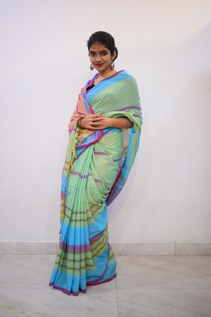 Sagarikā- Blue & Green Cotton Saree