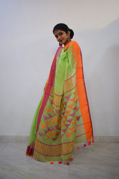 Mandira - Green & Orange Linen Jamdani Saree