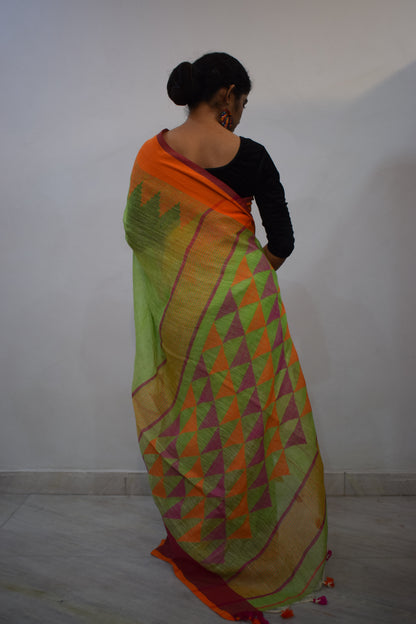 Mandira - Green & Orange Linen Jamdani Saree