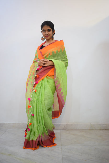 Mandira - Green & Orange Linen Jamdani Saree