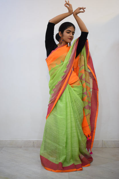 Mandira - Green & Orange Linen Jamdani Saree