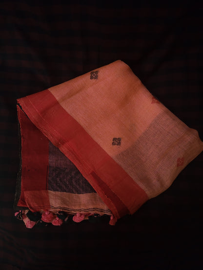 Vasudhākumāri- Peach & Rust Linen Jamdani Saree