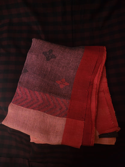 Vasudhākumāri- Peach & Rust Linen Jamdani Saree