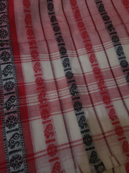 Rudrakshi- White & Red Dhaniakhali Cotton Saree