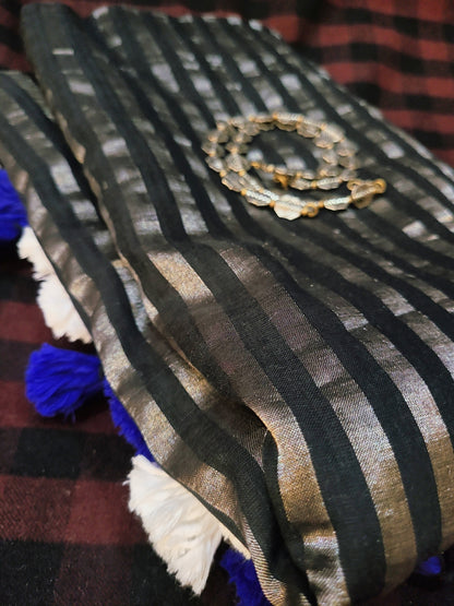 Ojaswini - Black Cotton-Zari Stripes Saree