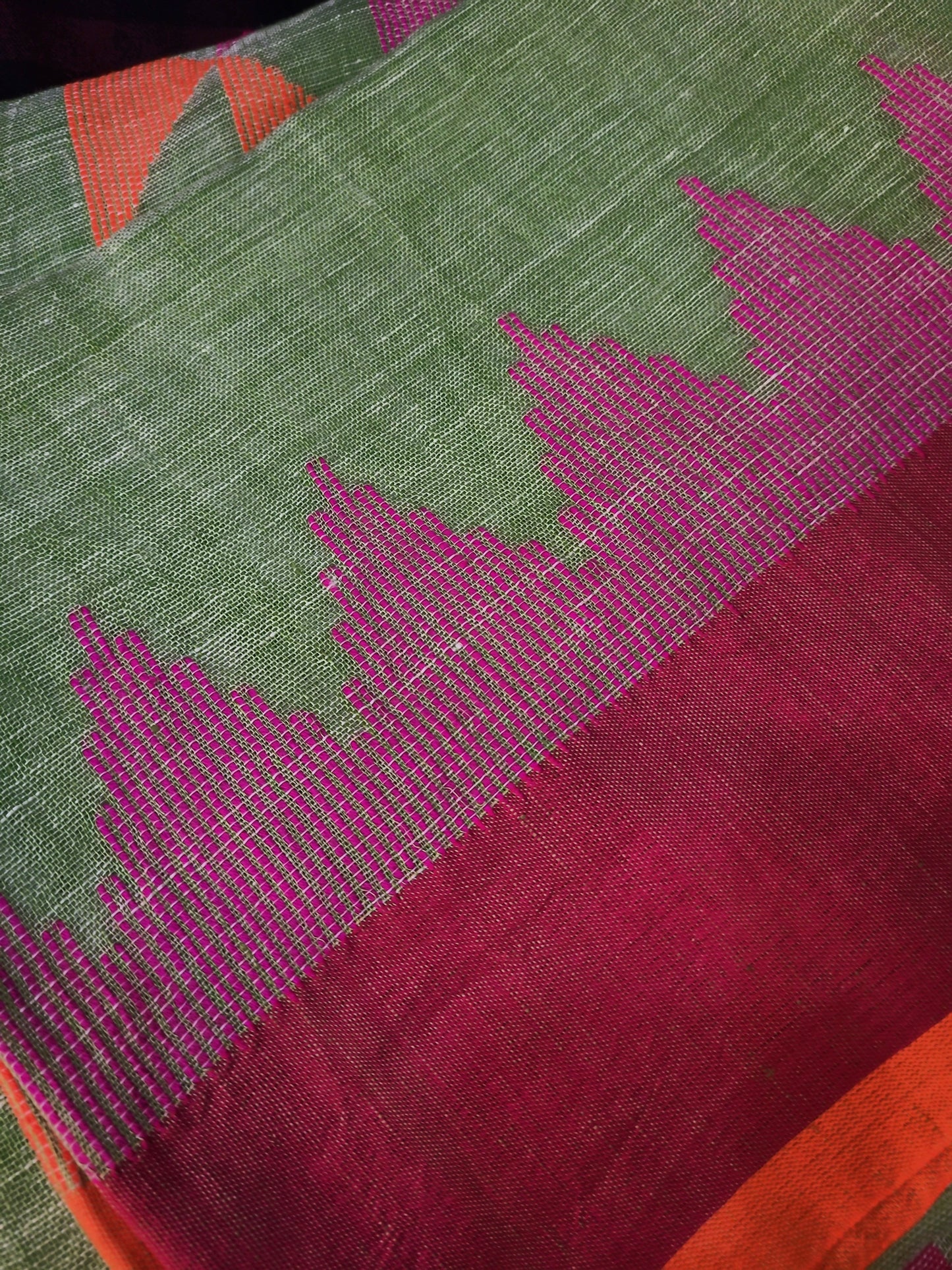 Mandira - Green & Orange Linen Jamdani Saree