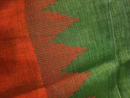 Mandira - Green & Orange Linen Jamdani Saree