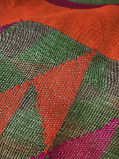 Mandira - Green & Orange Linen Jamdani Saree