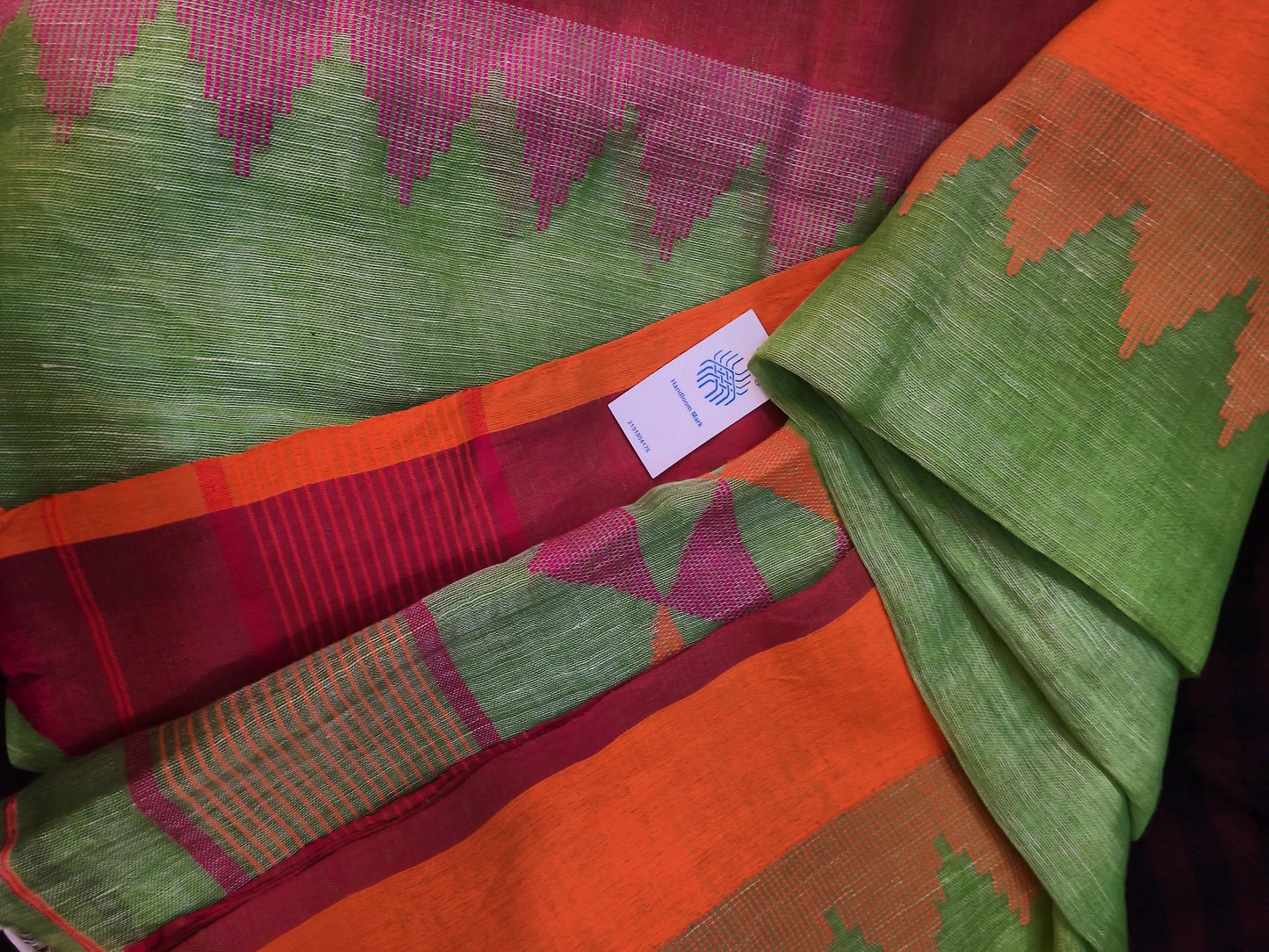 Mandira - Green & Orange Linen Jamdani Saree